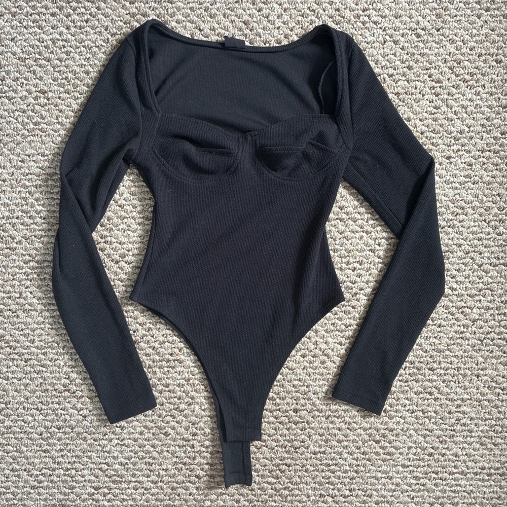 NUDE Black Long-Sleeve Scoop Bust Bodysuit